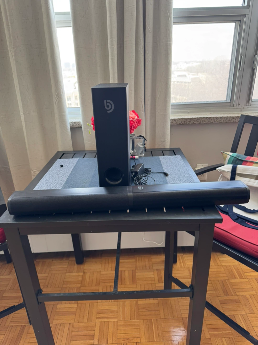 Black Soundbar and Subwoofer Speaker System