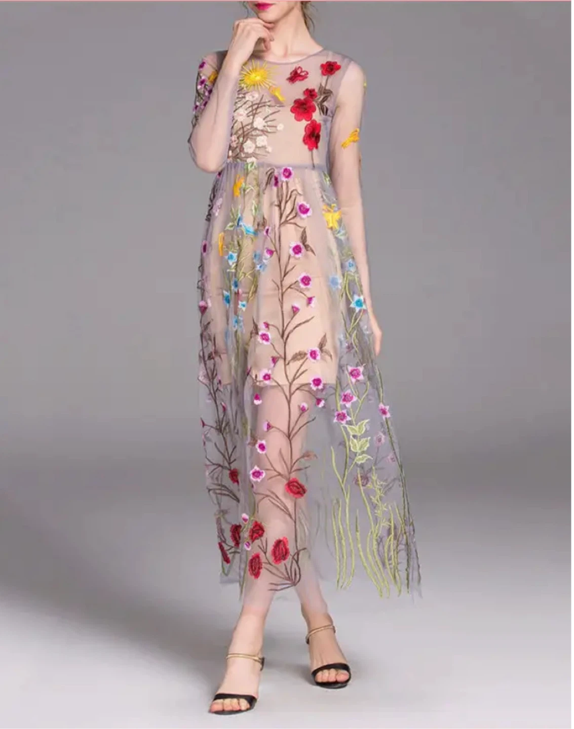 Sheer Embroidered Floral Maxi Dress sz S