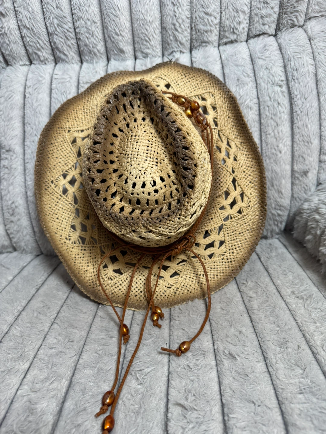 Woven Straw Cowboy Hat with Beaded Band
