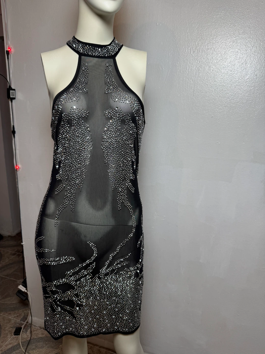 Black Mesh Rhinestone Halter Mini Dress Size M - photo 2