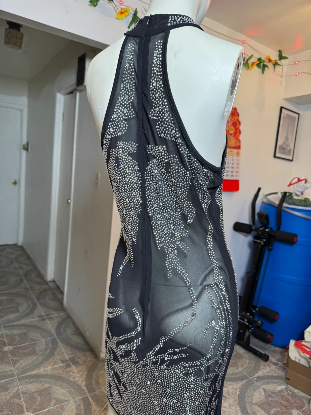 Black Mesh Rhinestone Halter Mini Dress Size M - photo 4