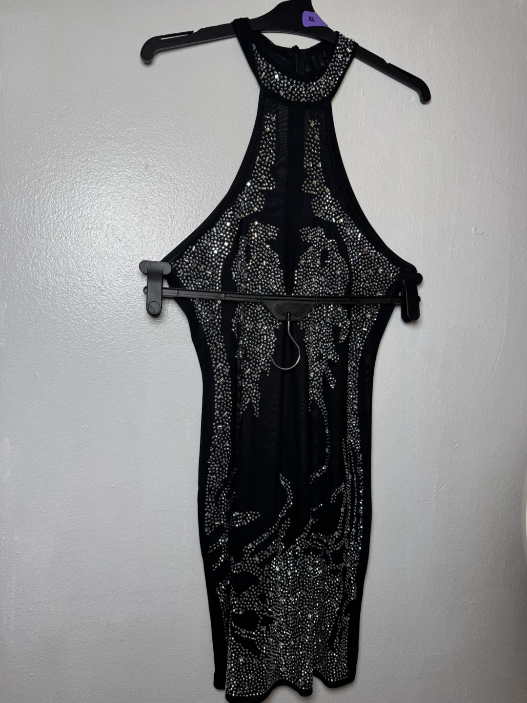 Black Mesh Rhinestone Halter Mini Dress Size M