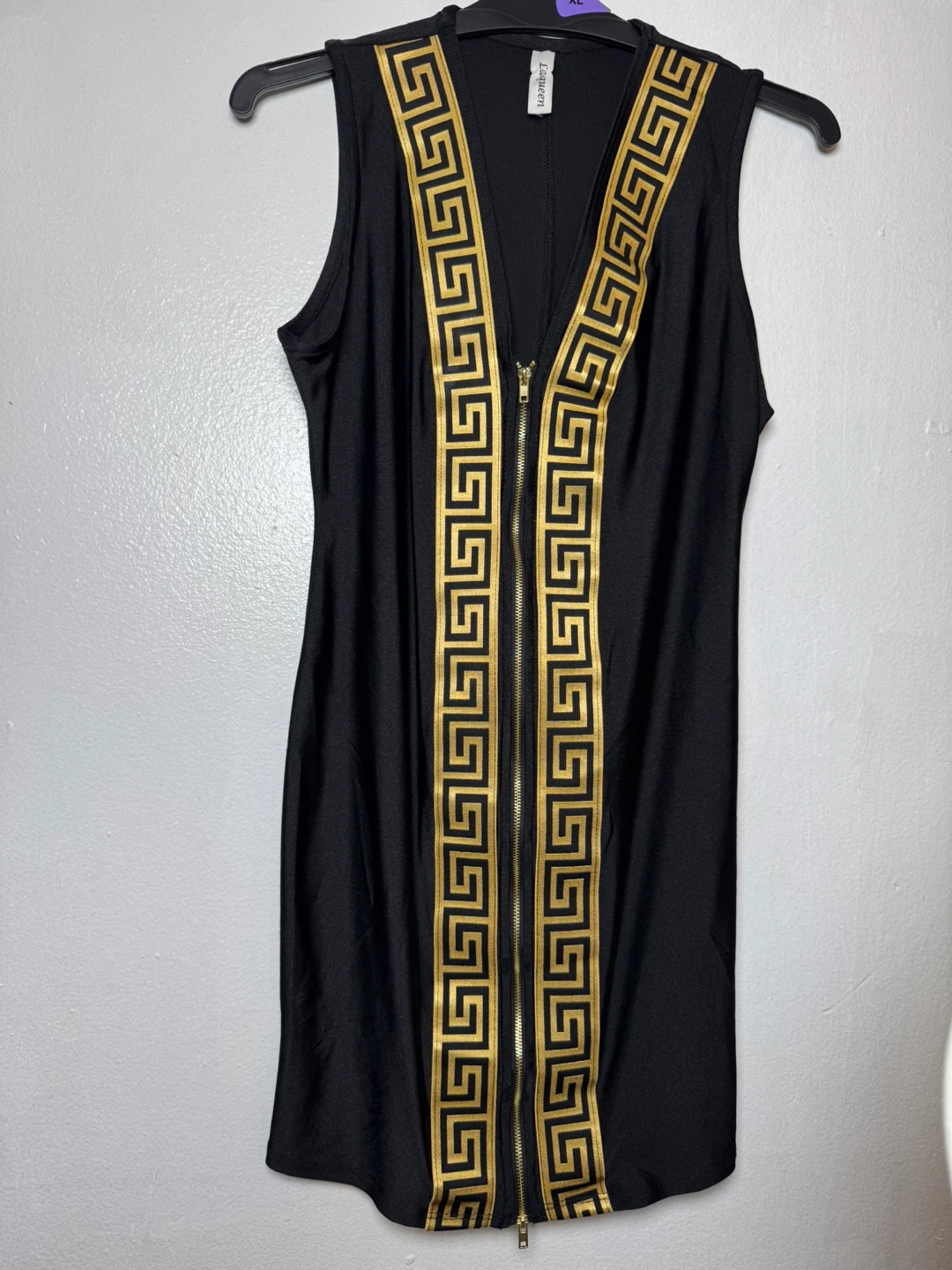 Black Sleeveless Dress with Gold Greek Key Zipper - Size M