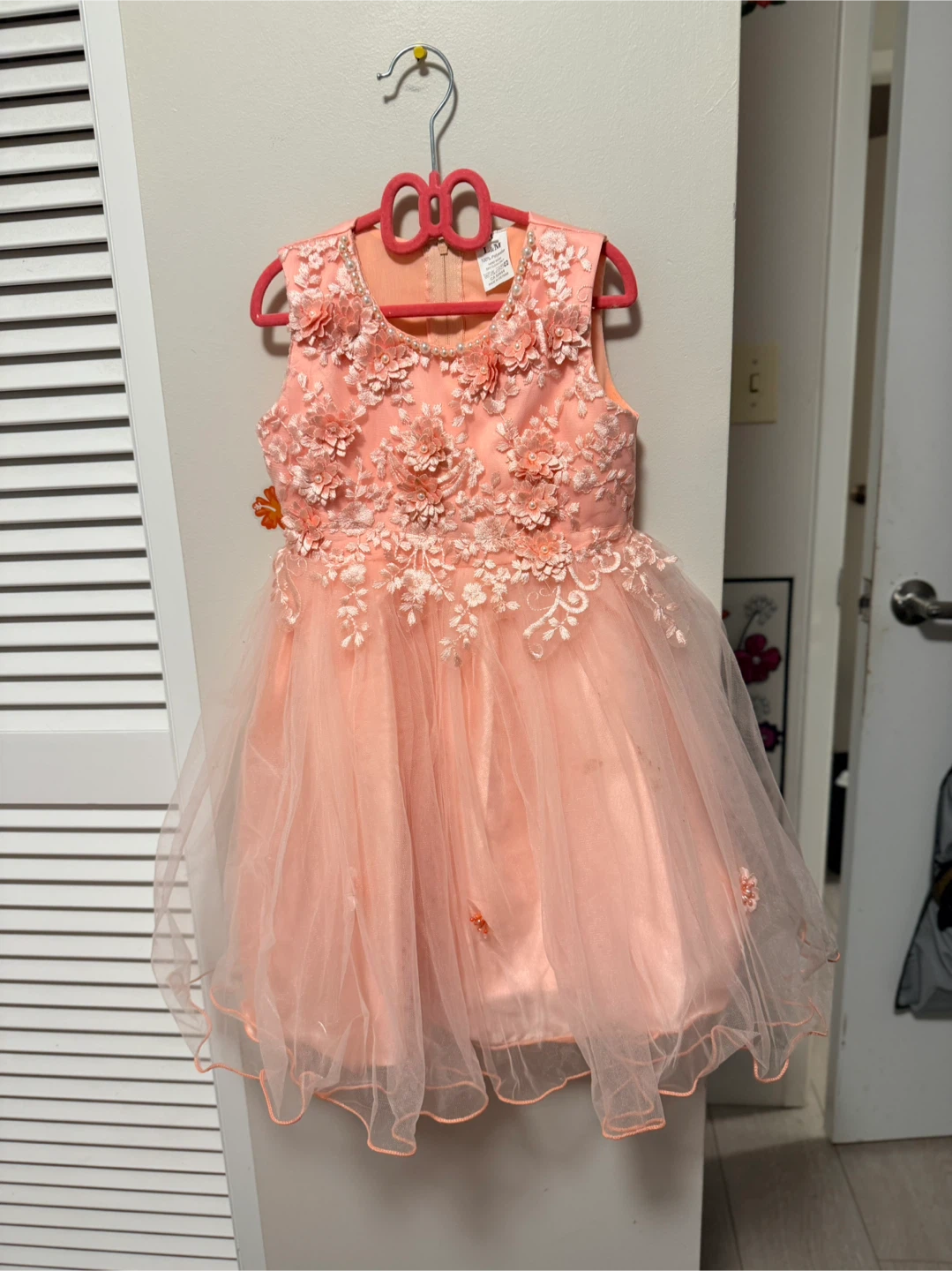 Toddler Peach Tulle Dress with Floral Embellishments Size 3