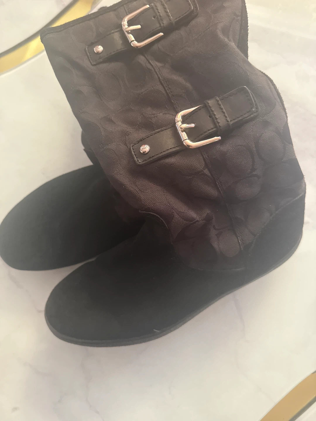 Size 8 Coach Black Monogram Boots with Buckle Accents