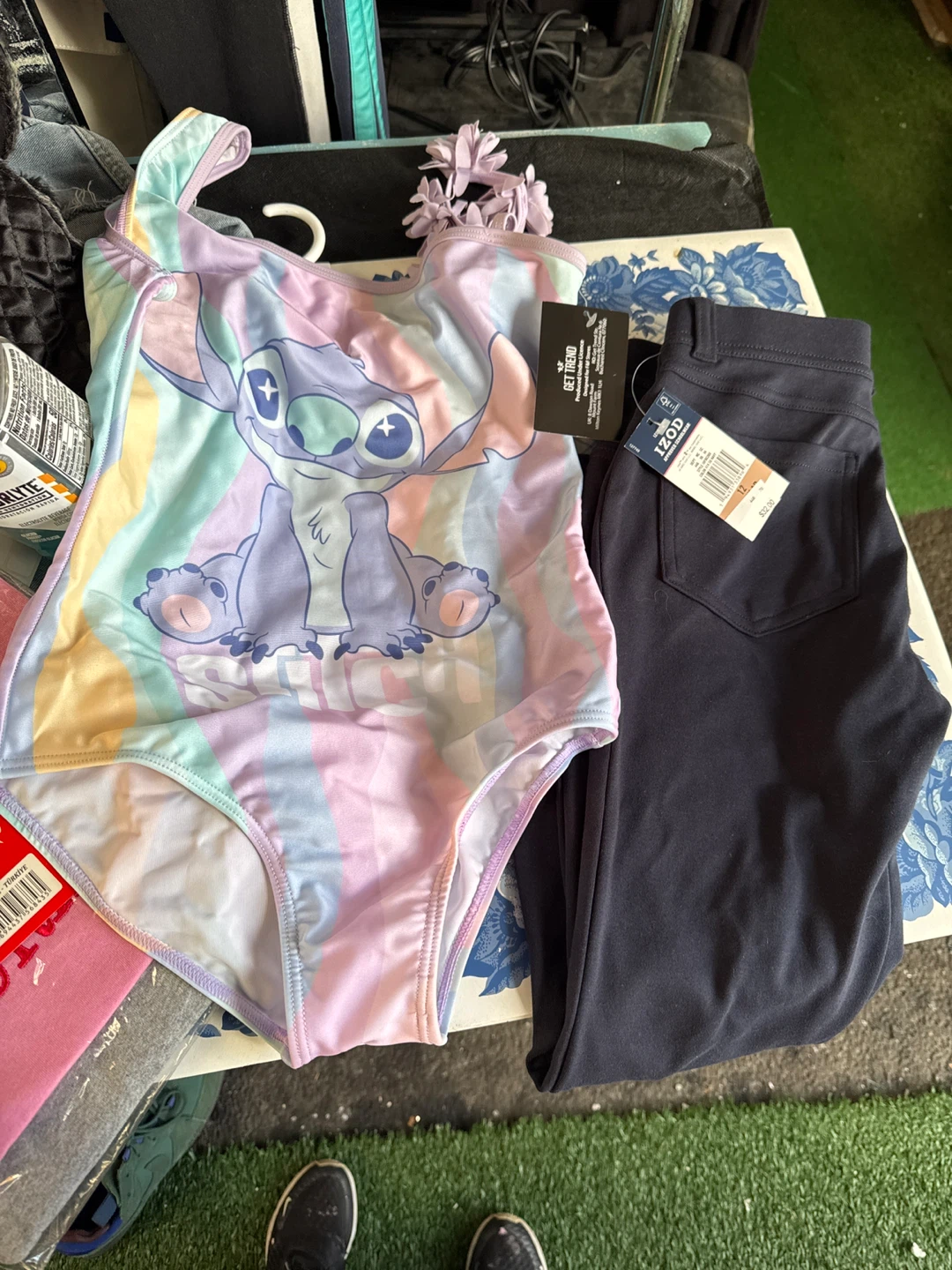 Girls Navy Blue School Pants size 12 + Stitch bathing suit