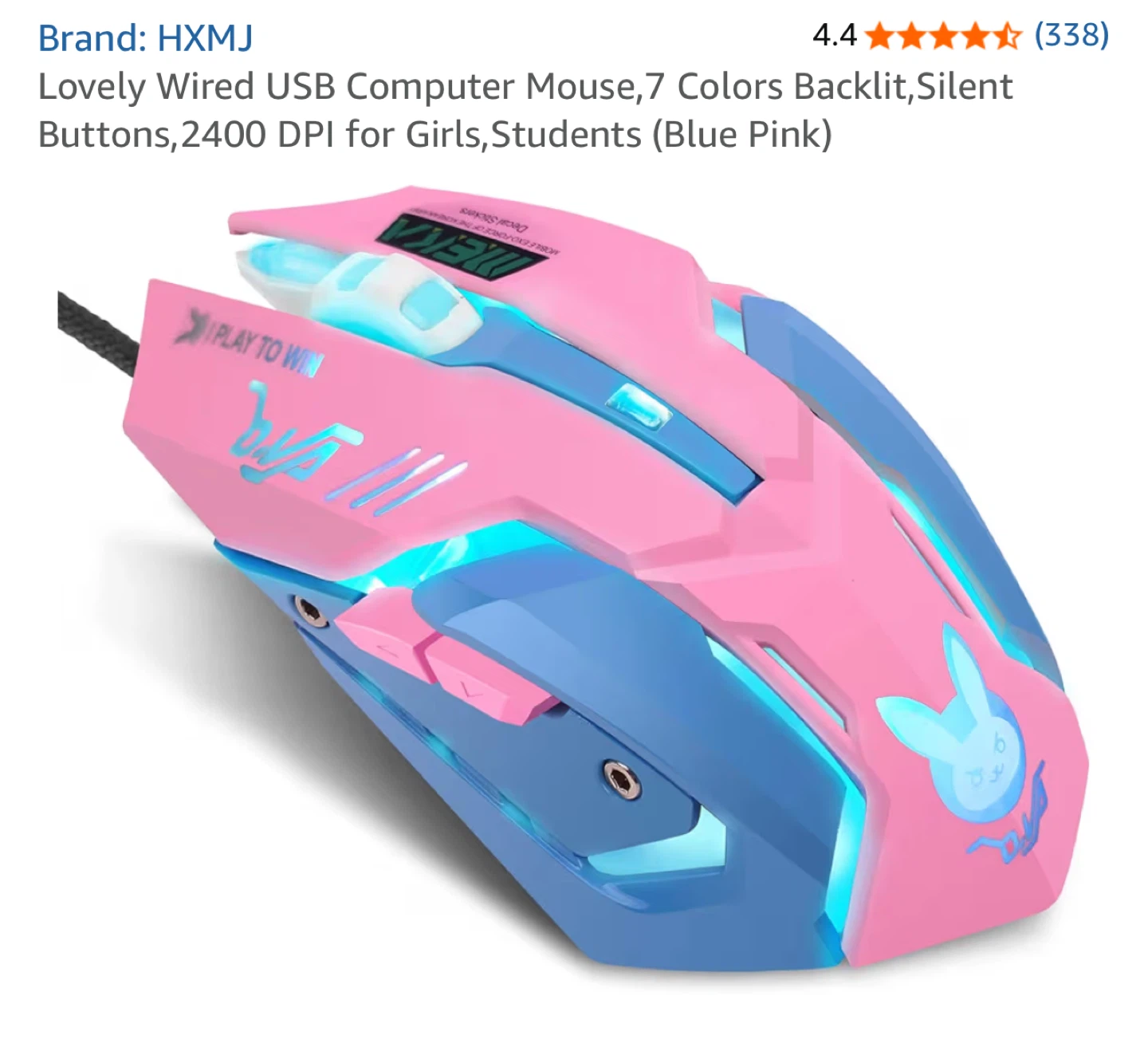 HXMJ Wired USB Gaming Mouse - Pink/Blue, 2400 DPI