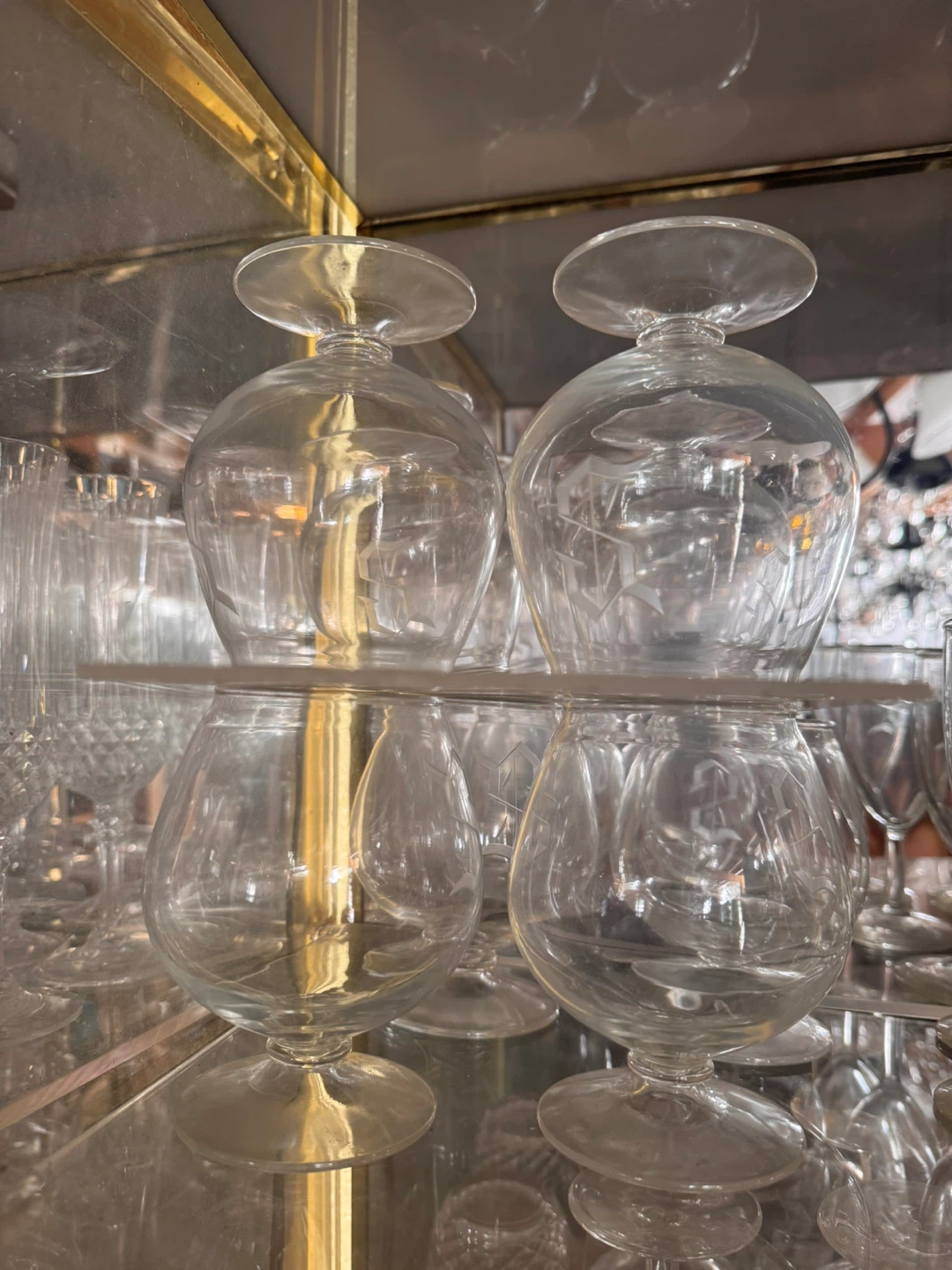 Set of 4 Clear Crystal Brandy Glasses with Etched Design