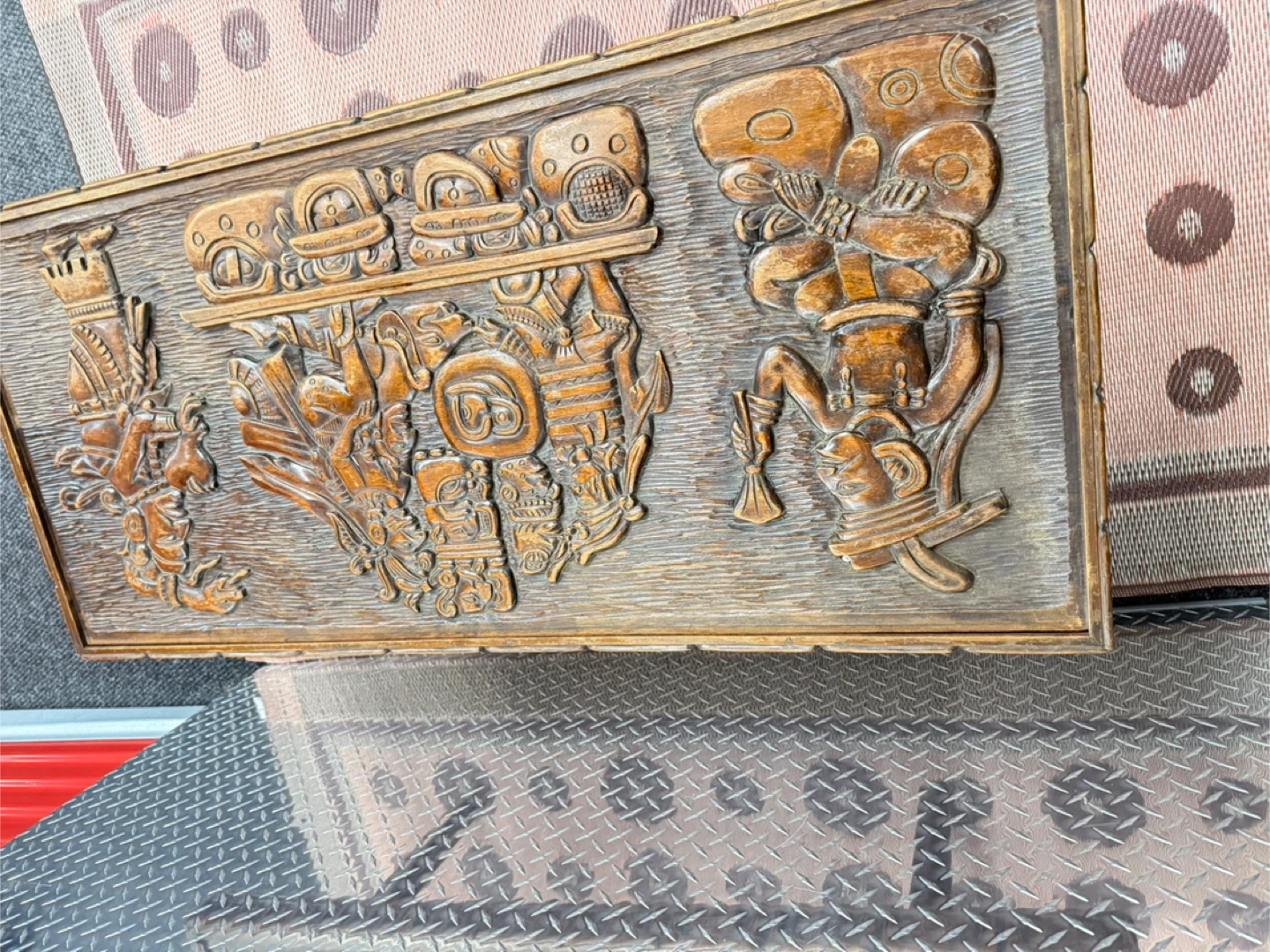 Vintage Carved Wood Coffee Table with Mayan Scene - photo 3