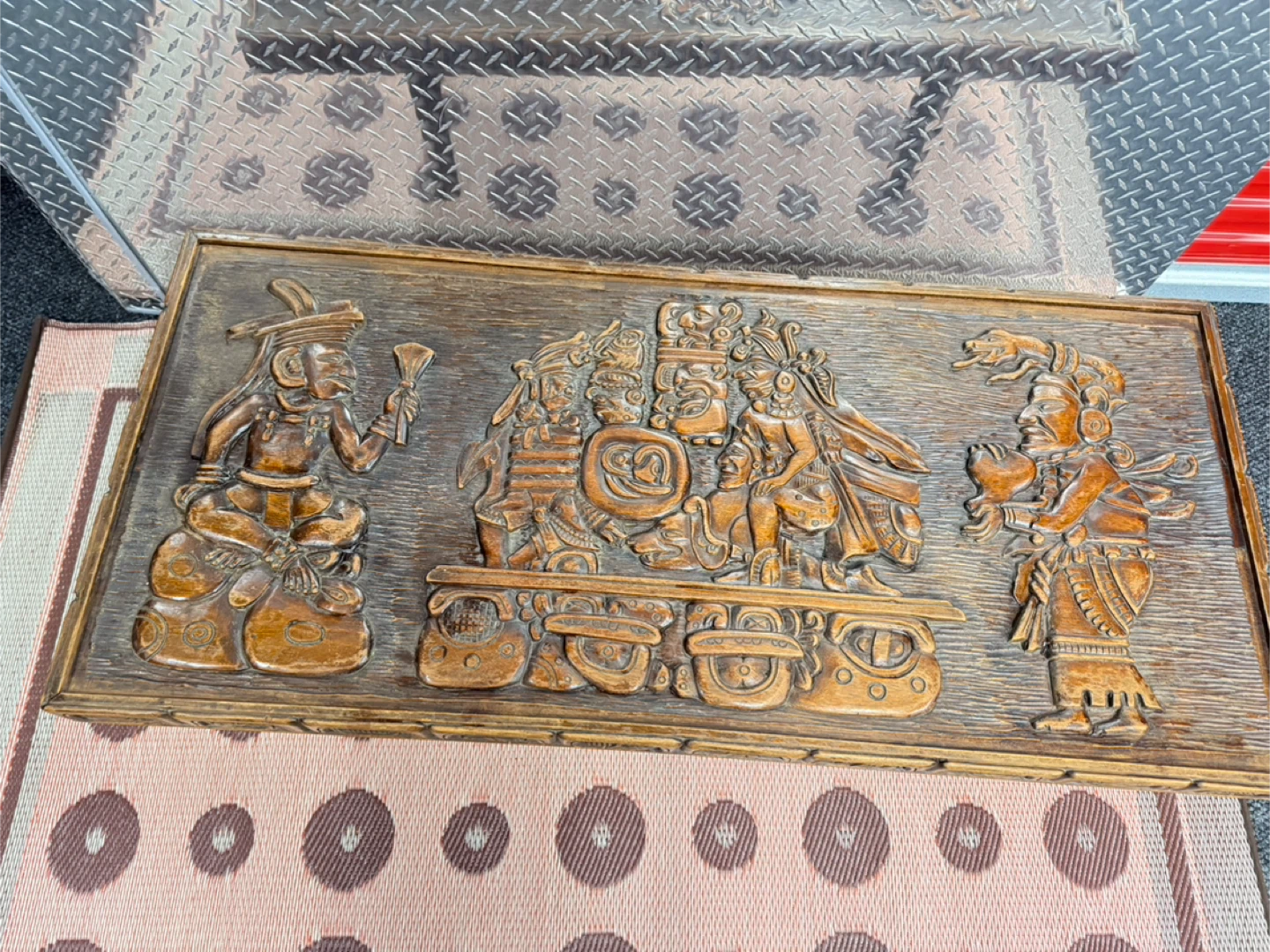 Vintage Carved Wood Coffee Table with Mayan Scene - photo 4