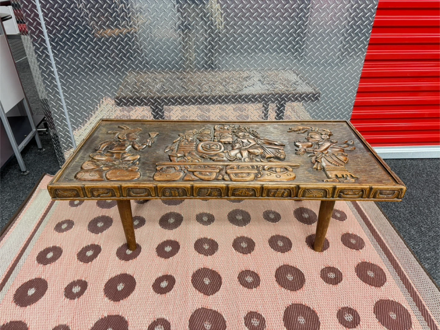 Vintage Carved Wood Coffee Table with Mayan Scene