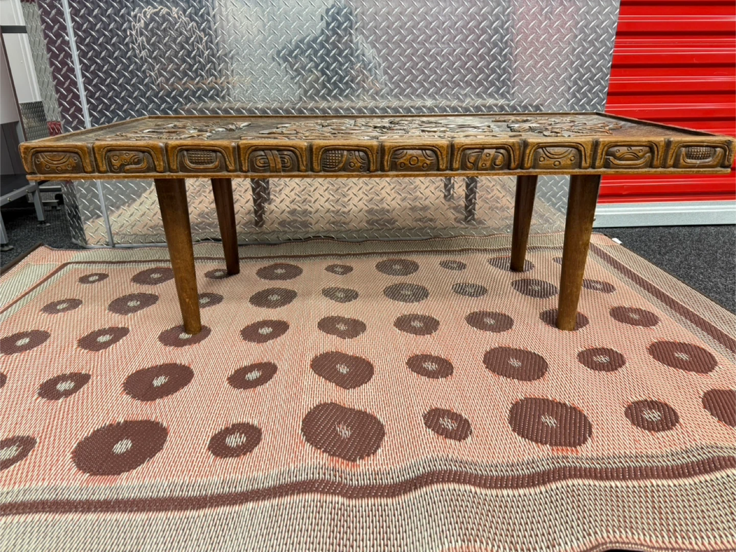 Vintage Carved Wood Coffee Table with Mayan Scene - photo 2