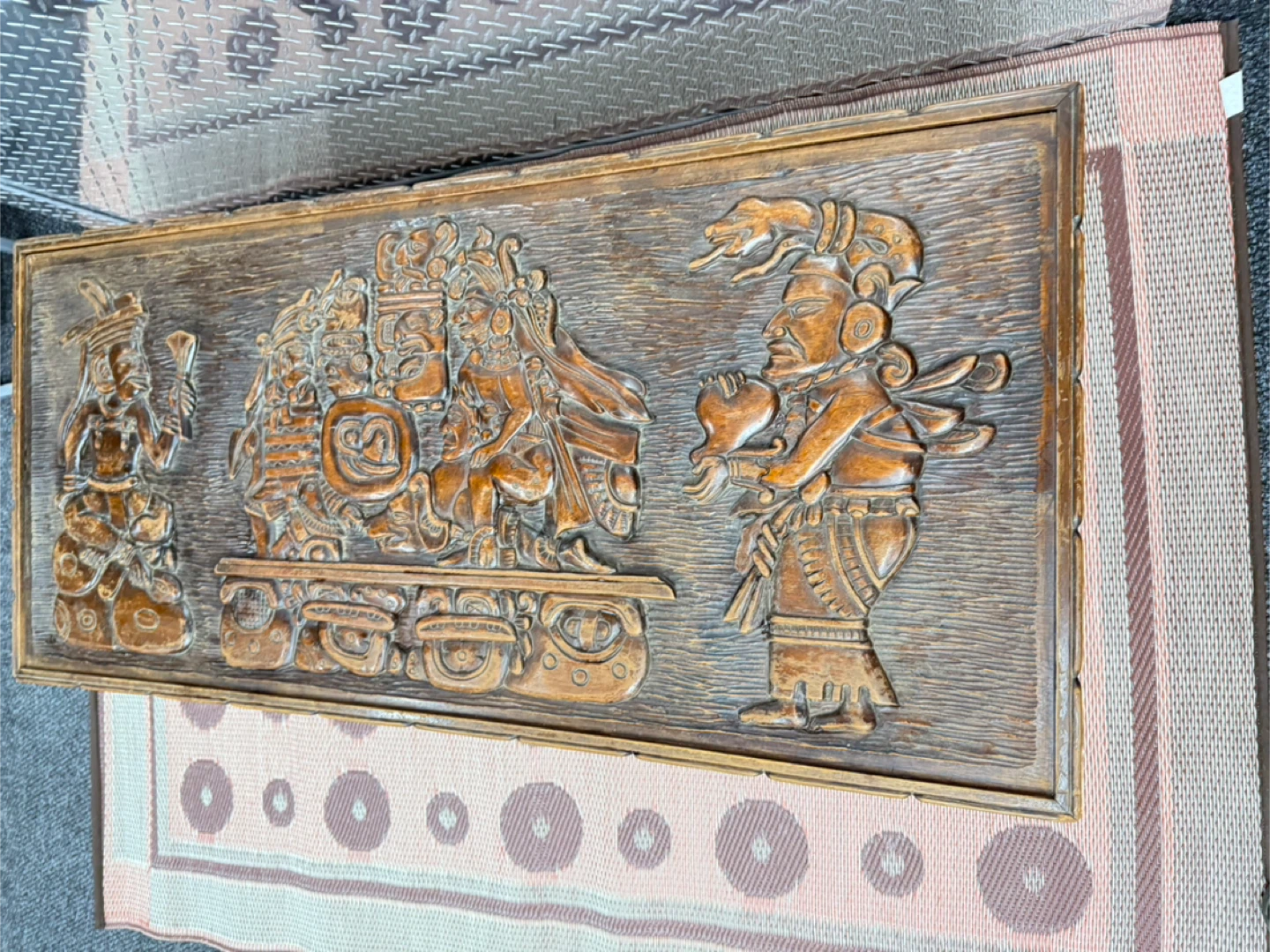 Vintage Carved Wood Coffee Table with Mayan Scene - photo 5
