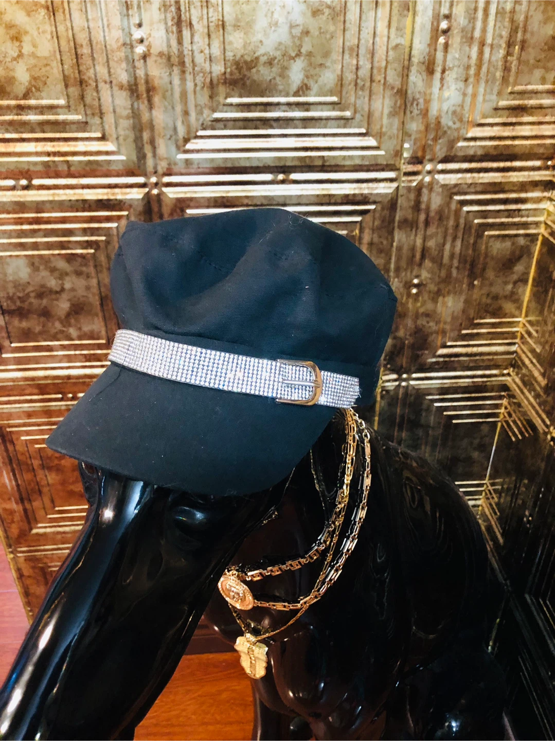 Black Newsboy Cap with Rhinestone Band and Flower Detail