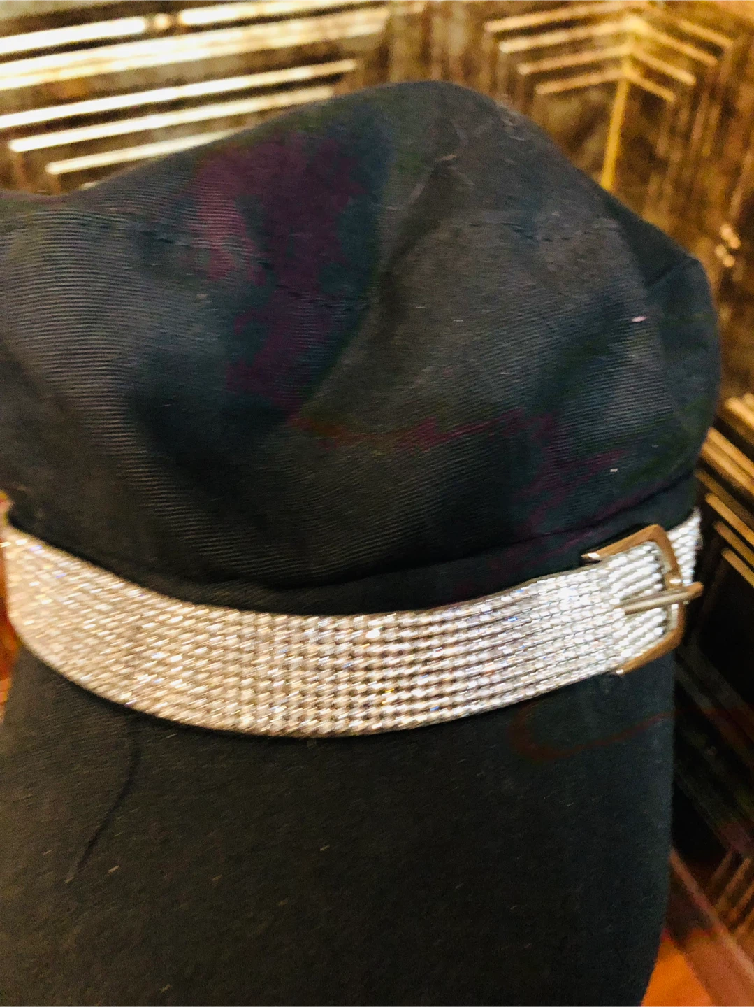 Black Newsboy Cap with Rhinestone Band and Flower Detail - photo 3