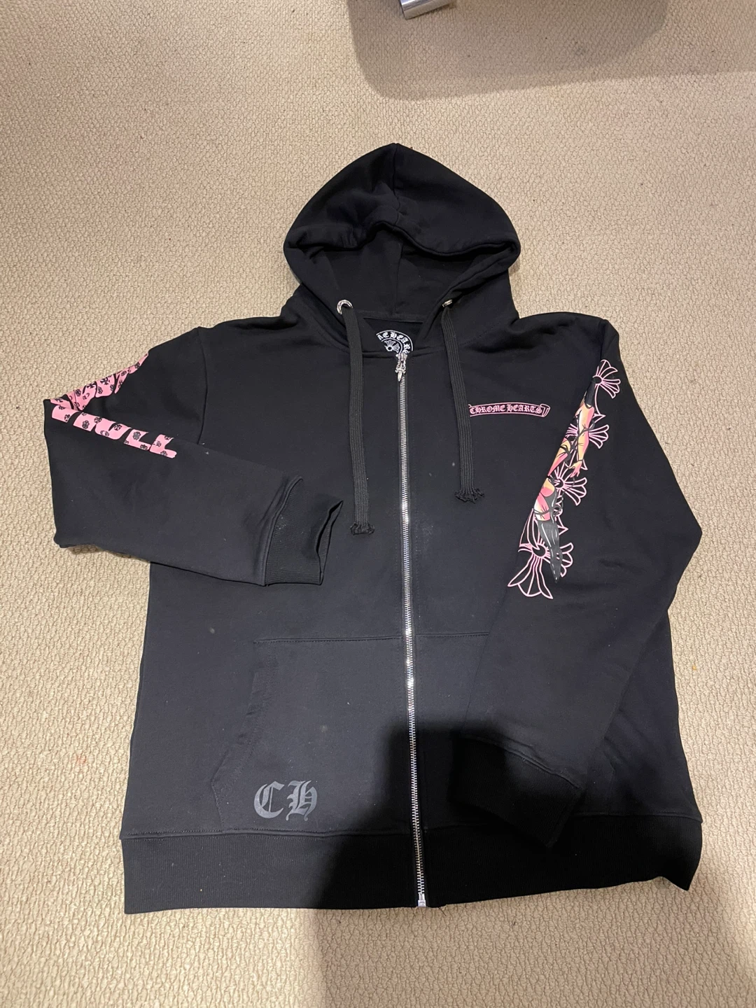Chrome Hearts Black Zip-Up Hoodie with Pink Graphic