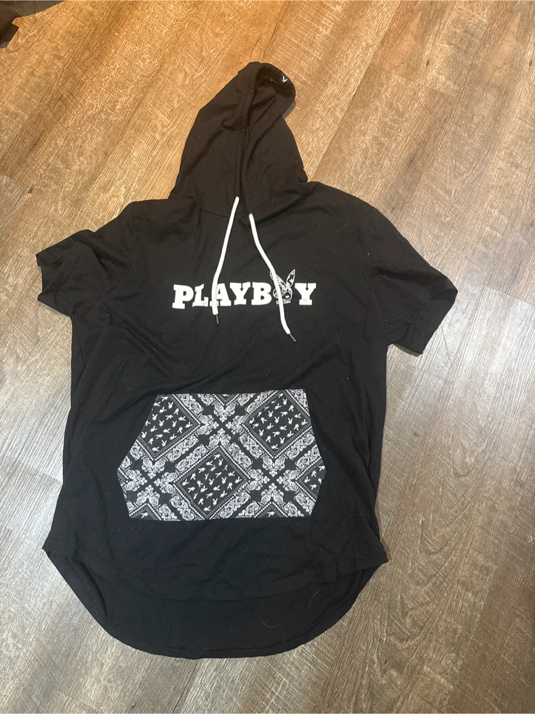 Playboy Black Short Sleeve Hoodie with Bandana Pocket