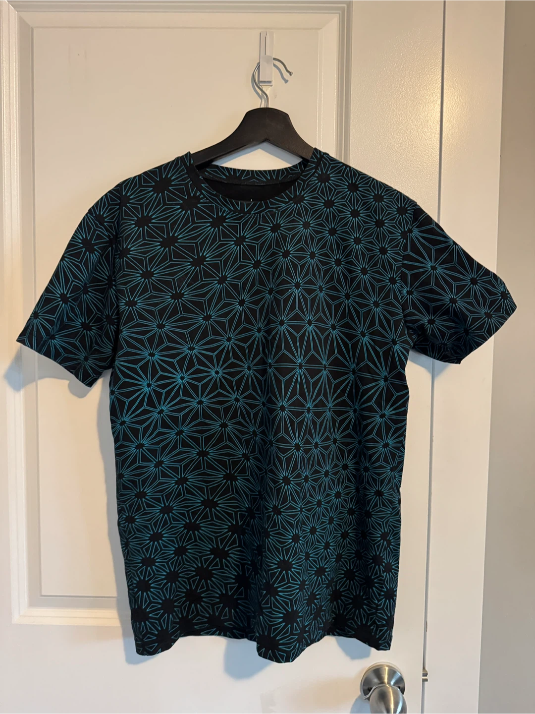 Black T-Shirt with Teal Geometric Print