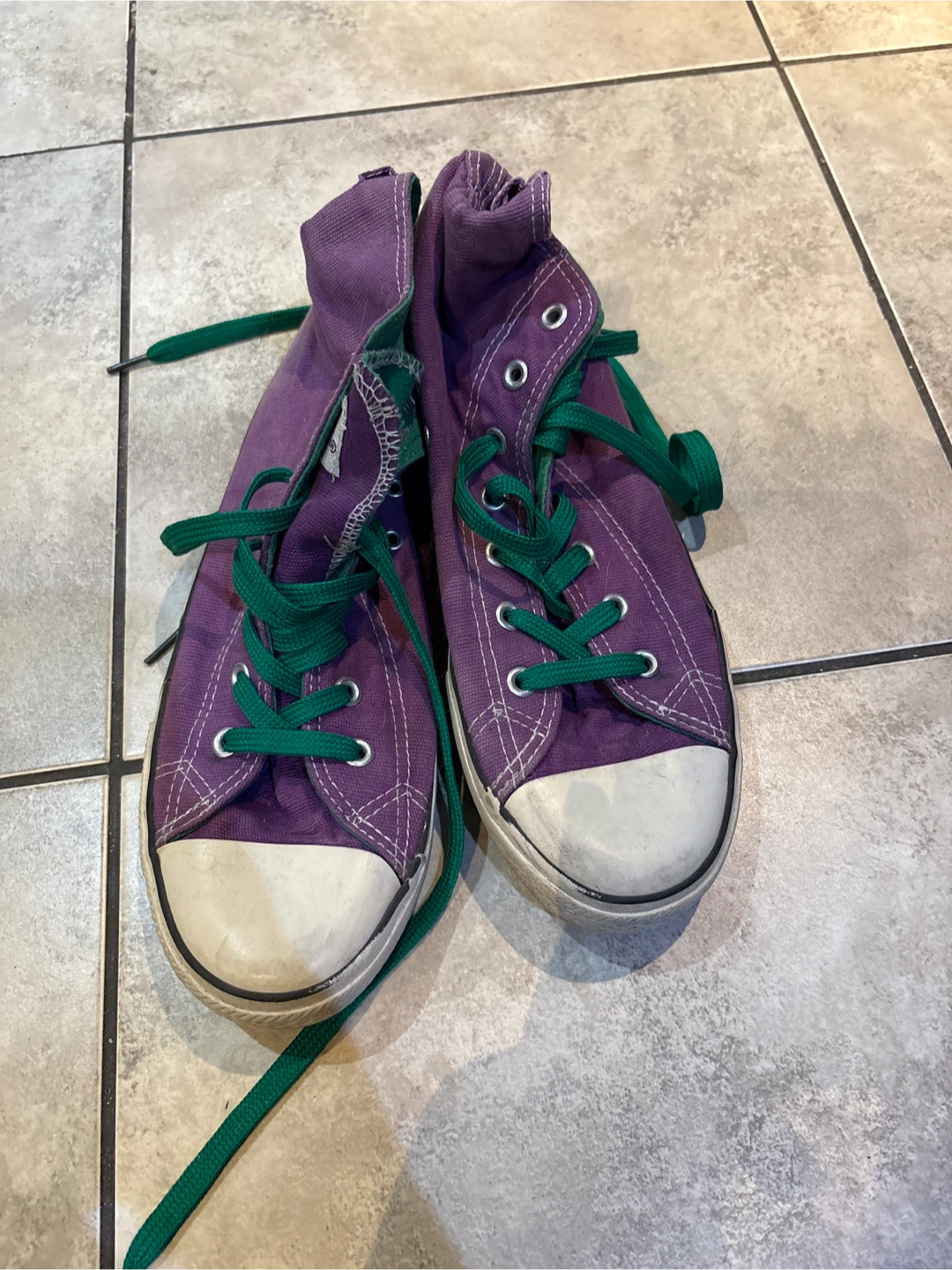 Purple High Top Canvas Sneakers with Green Laces