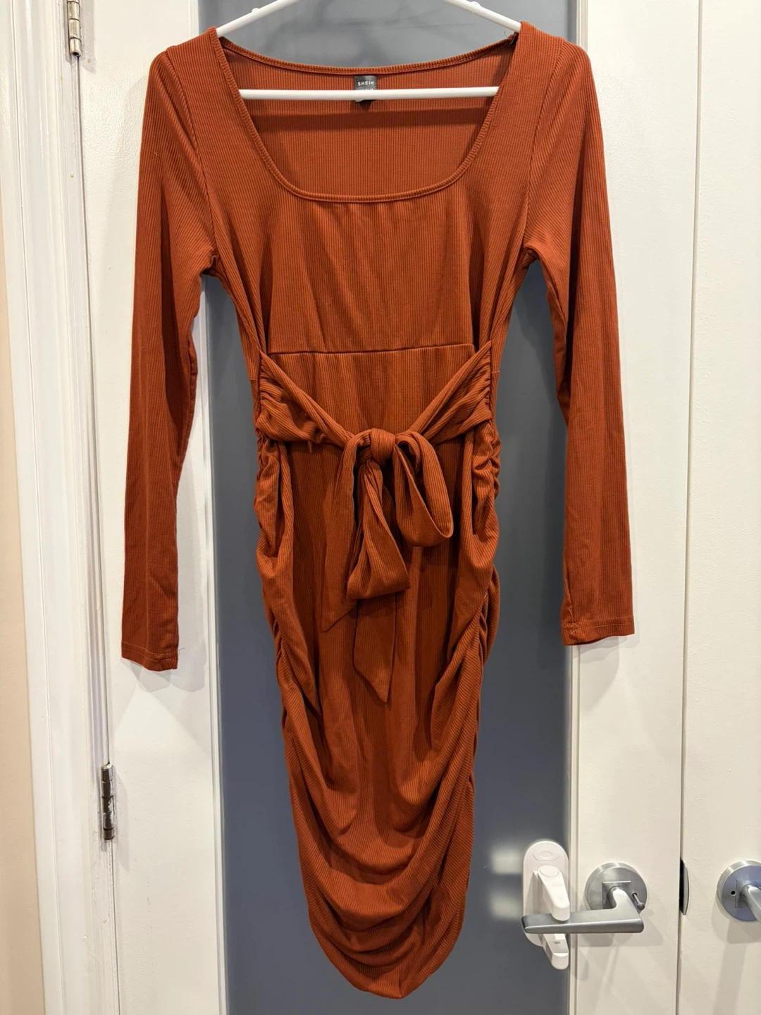 SHEIN Ribbed Ruched Tie Front Dress - Rust Orange
