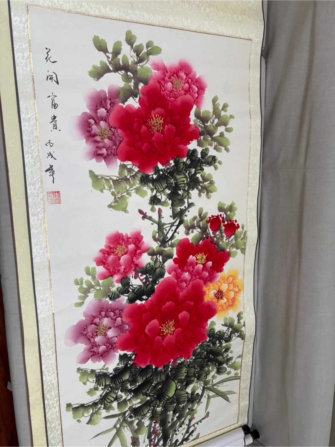 Chinese Scroll Painting of Peonies and Birds