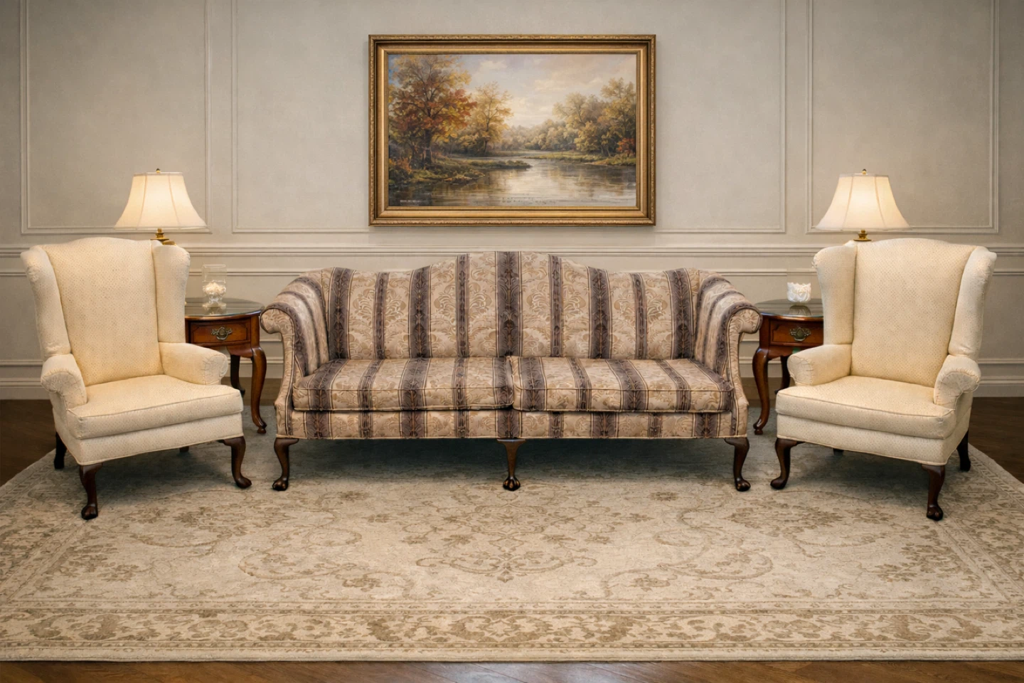 Striped Sofa and Cream Wingback Chairs