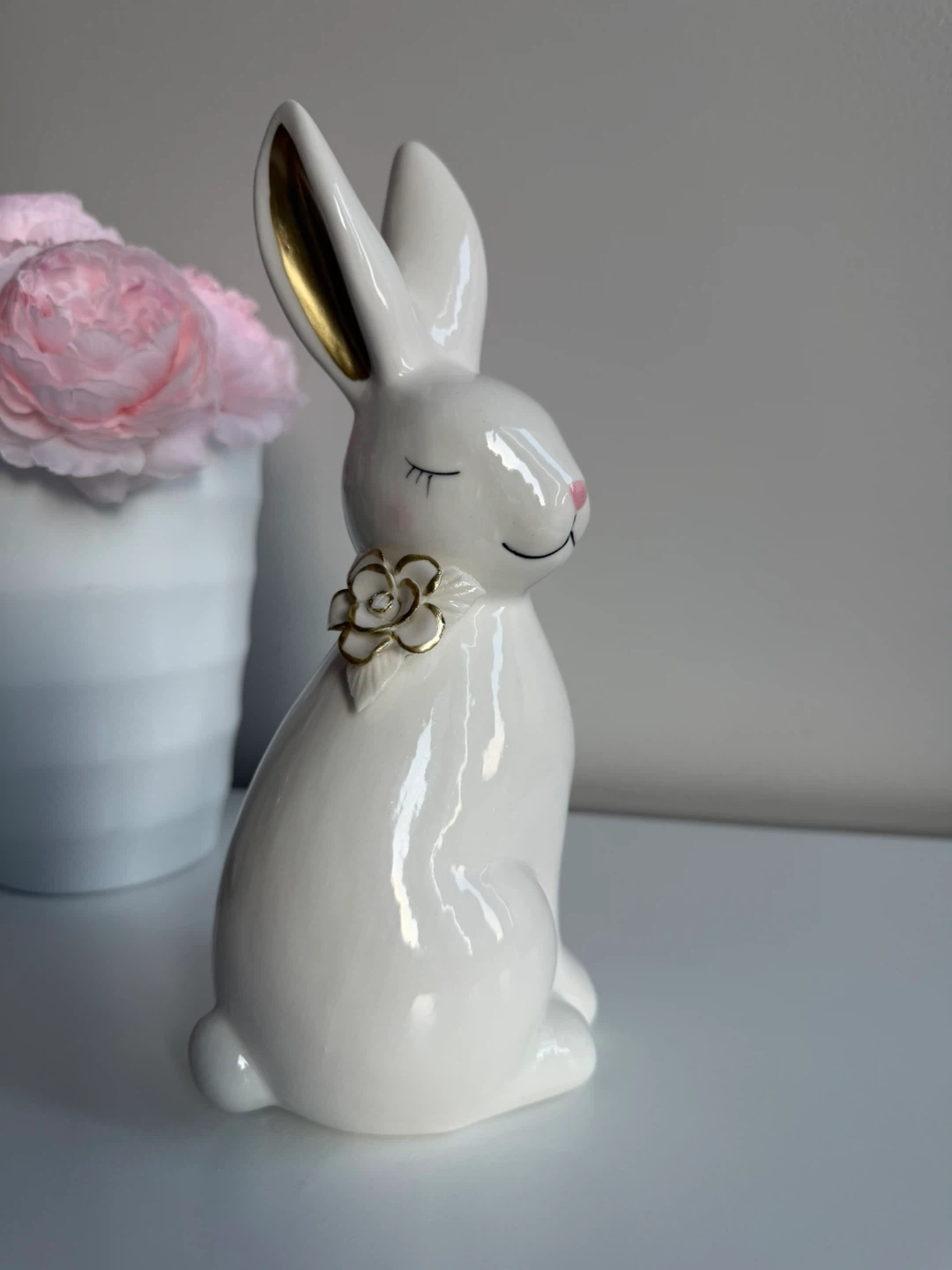 White Ceramic Bunny Figurine with Gold Accents