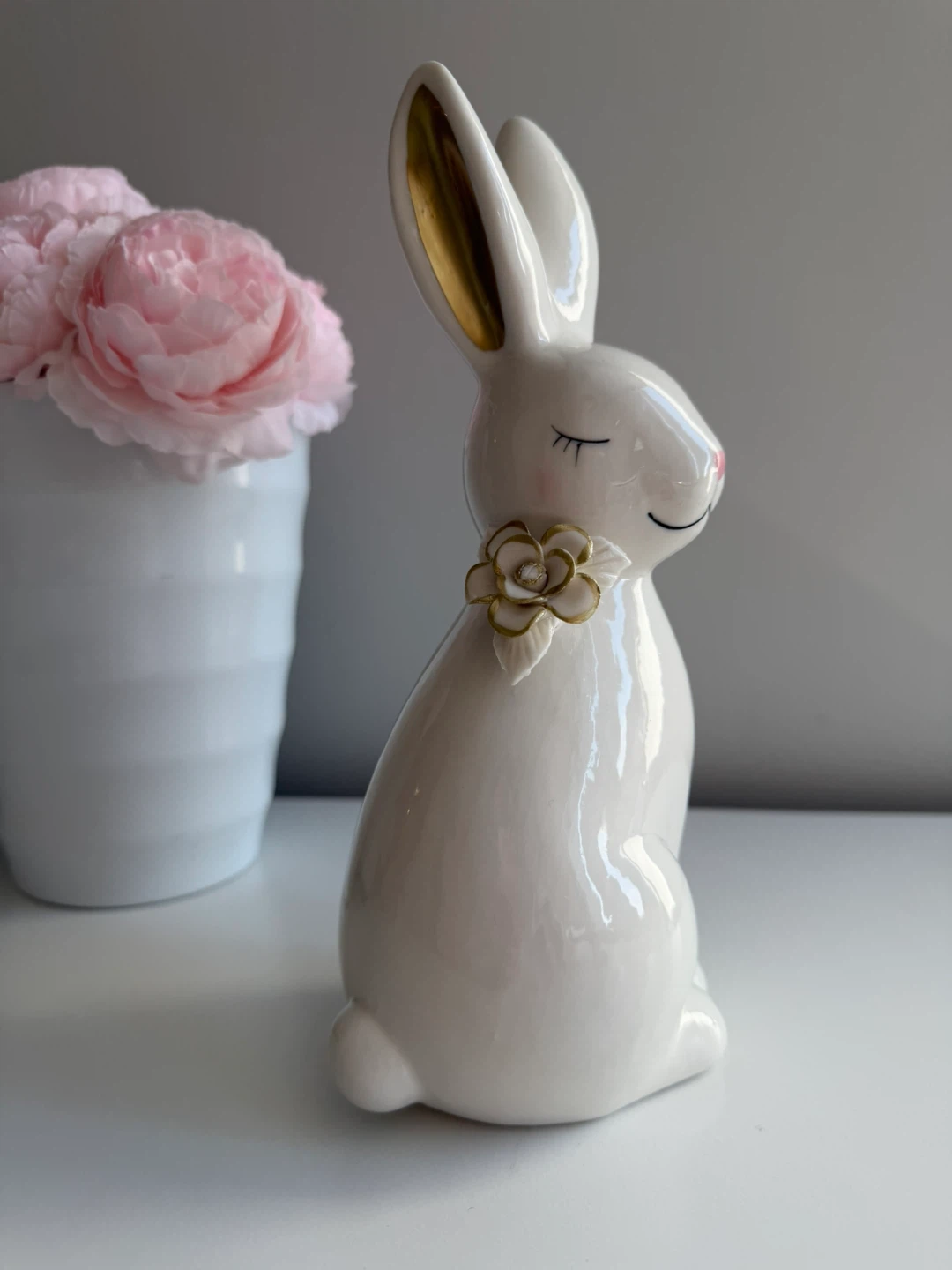 White Ceramic Bunny Figurine with Gold Accents - photo 3