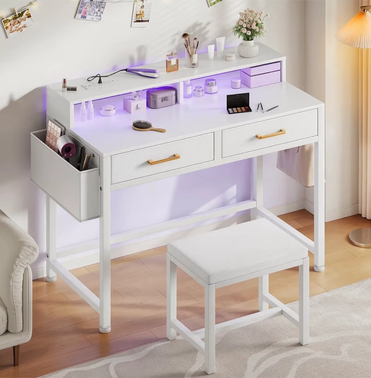 White Vanity Desk with Stool and LED Lights