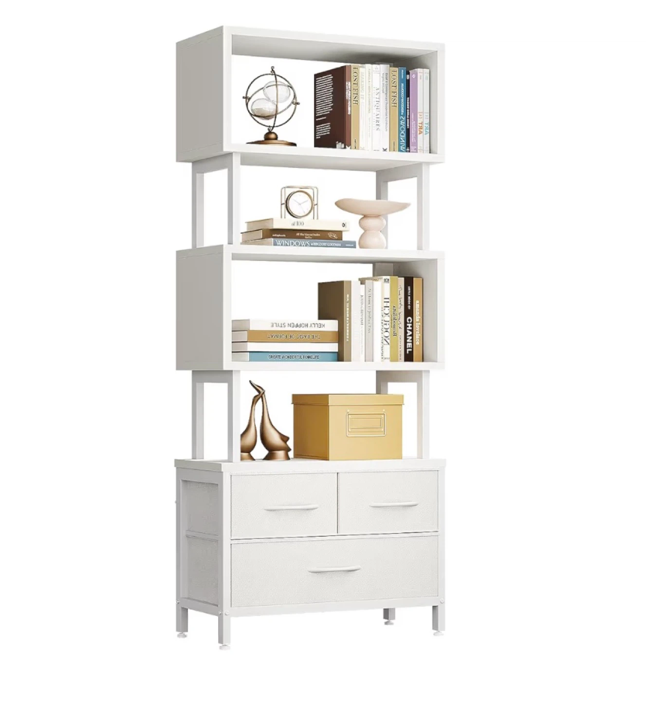 White 5-Shelf Bookcase with 3 Fabric Drawers