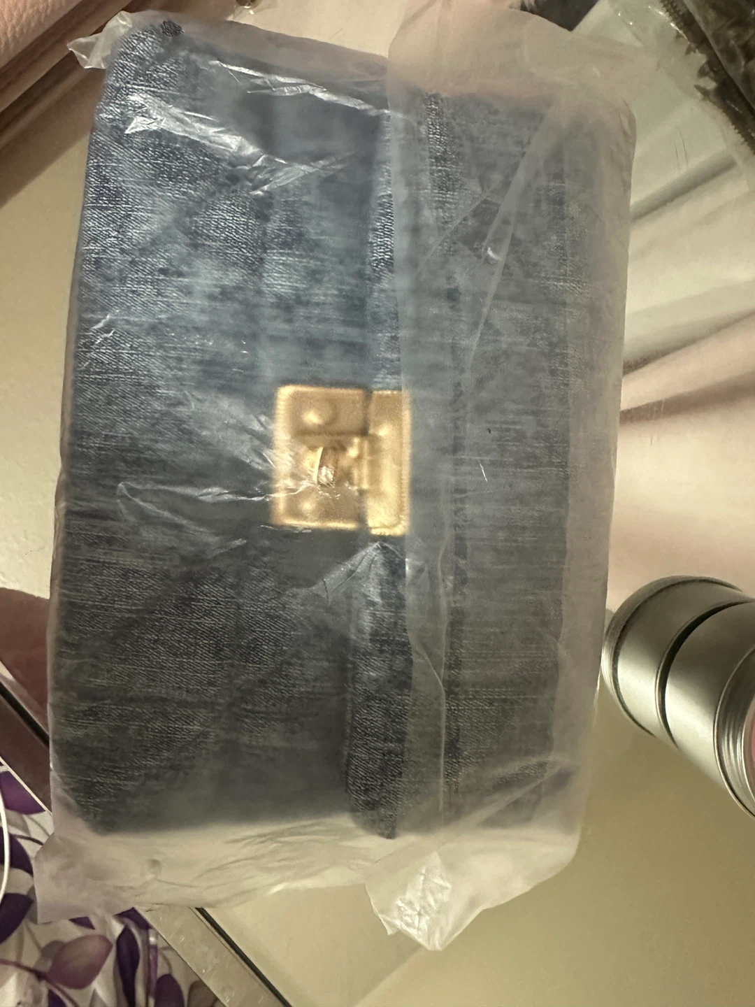 Denim Clutch Bag with Gold Chain