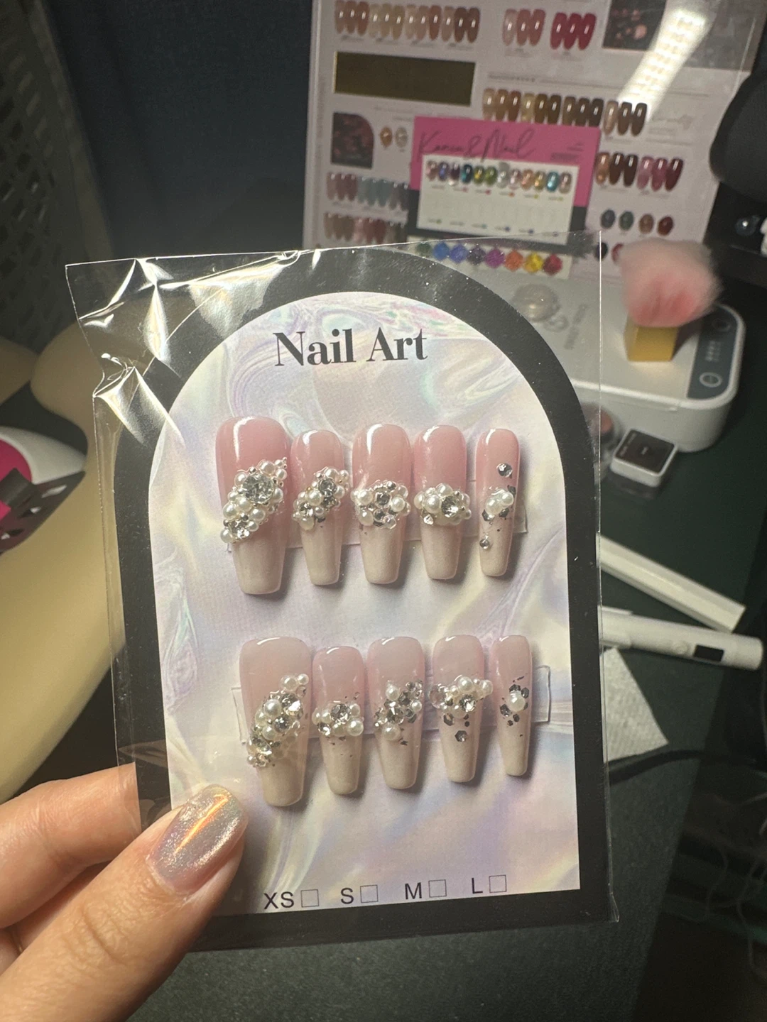 Press-On Nails with Pearl and Rhinestone Embellishments