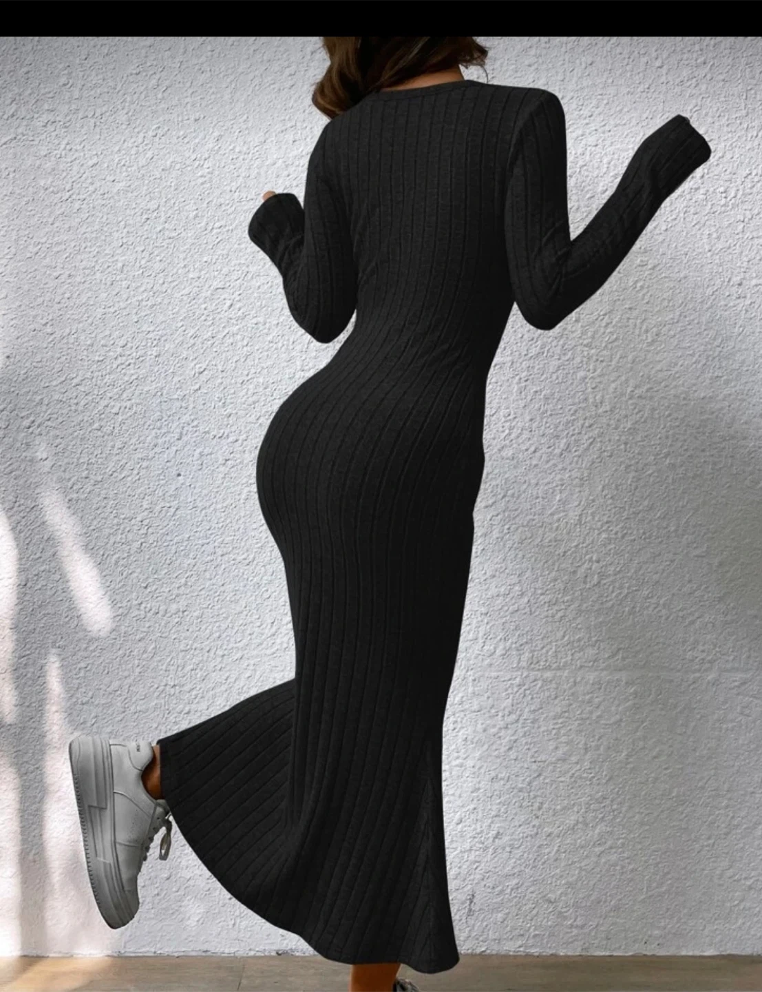 Ribbed Black Long Sleeve Maxi Dress