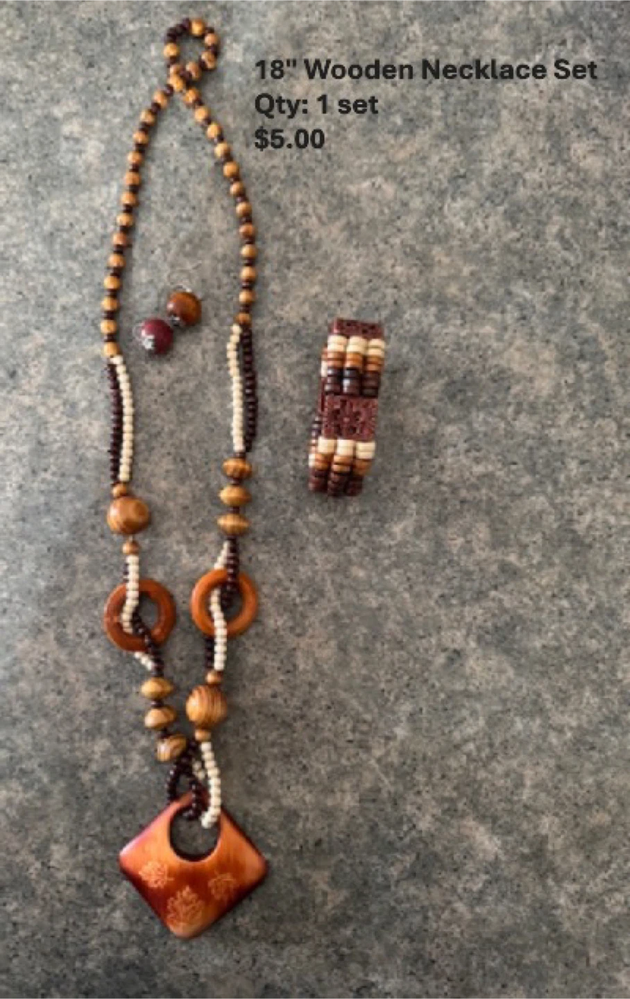 18" Wooden Necklace Set with Earrings and Bracelet