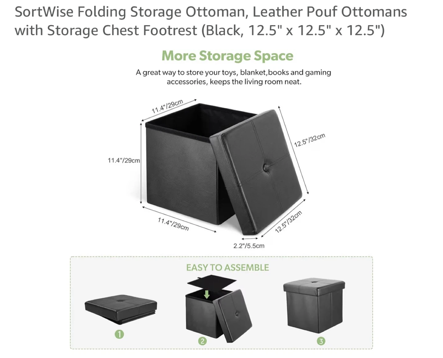SortWise Folding Storage Ottoman (Black, 12.5" x 12.5" x 12.5") - photo 2