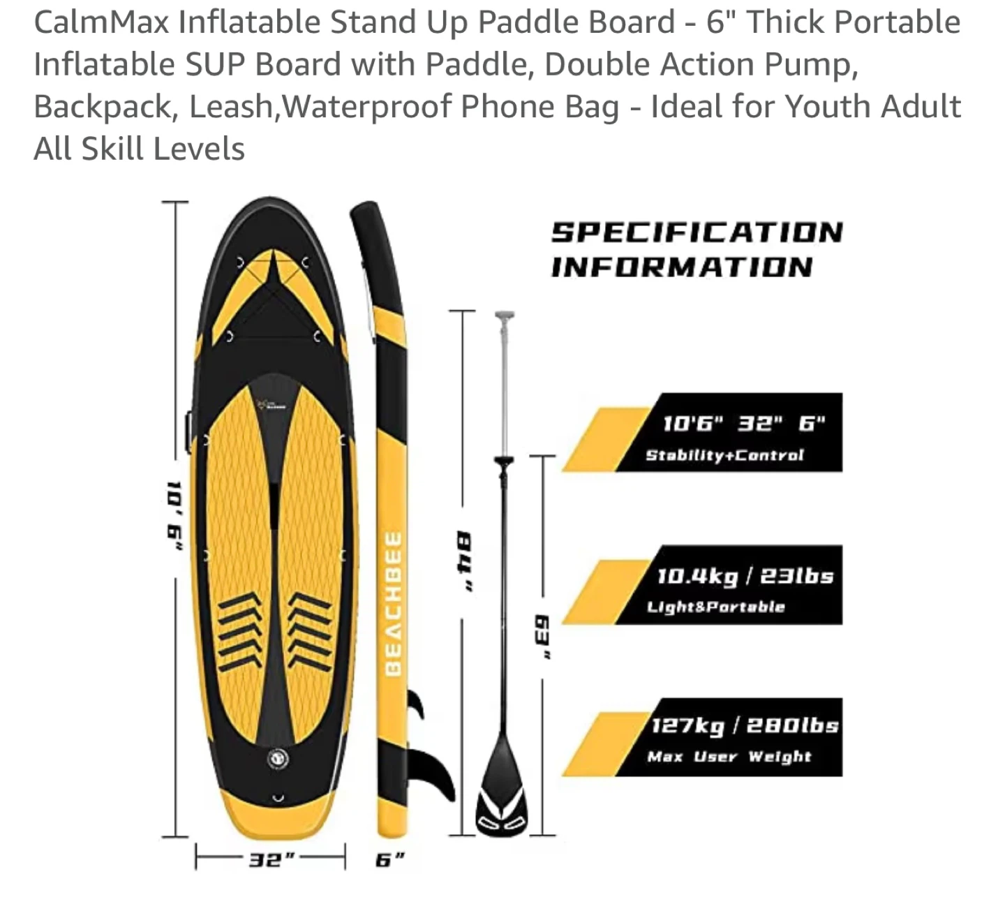 CalmMax Inflatable Stand Up Paddle Board - 10'6" Yellow/Black - photo 2
