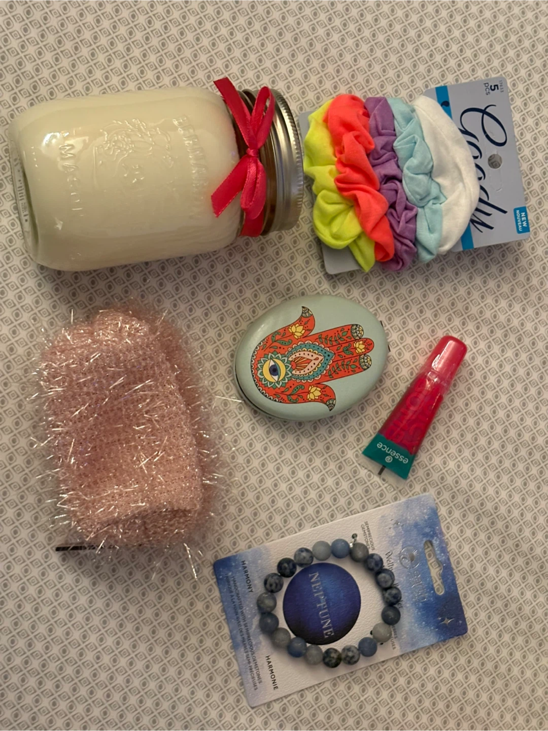 Gift Set: Candle, Scrunchies, Lip Gloss, Bracelet & Body Puff