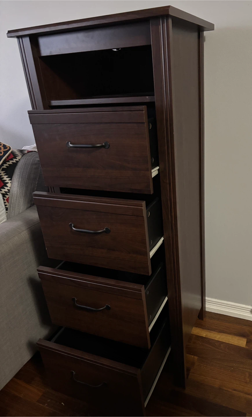 Dark Wood 4-Drawer Chest with Shelf
