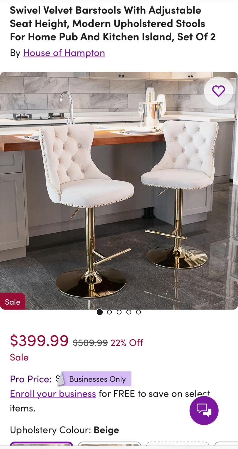 2 Beige Velvet Barstools, Adjustable height, Chrome base - photo 5