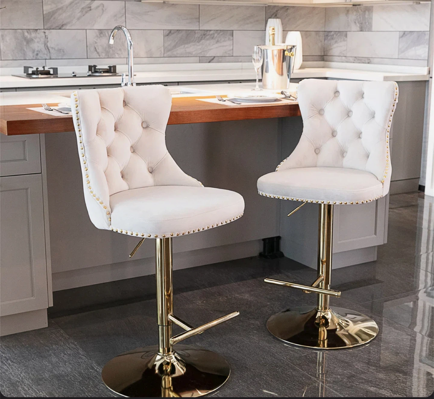 2 Beige Velvet Barstools, Adjustable height, Chrome base