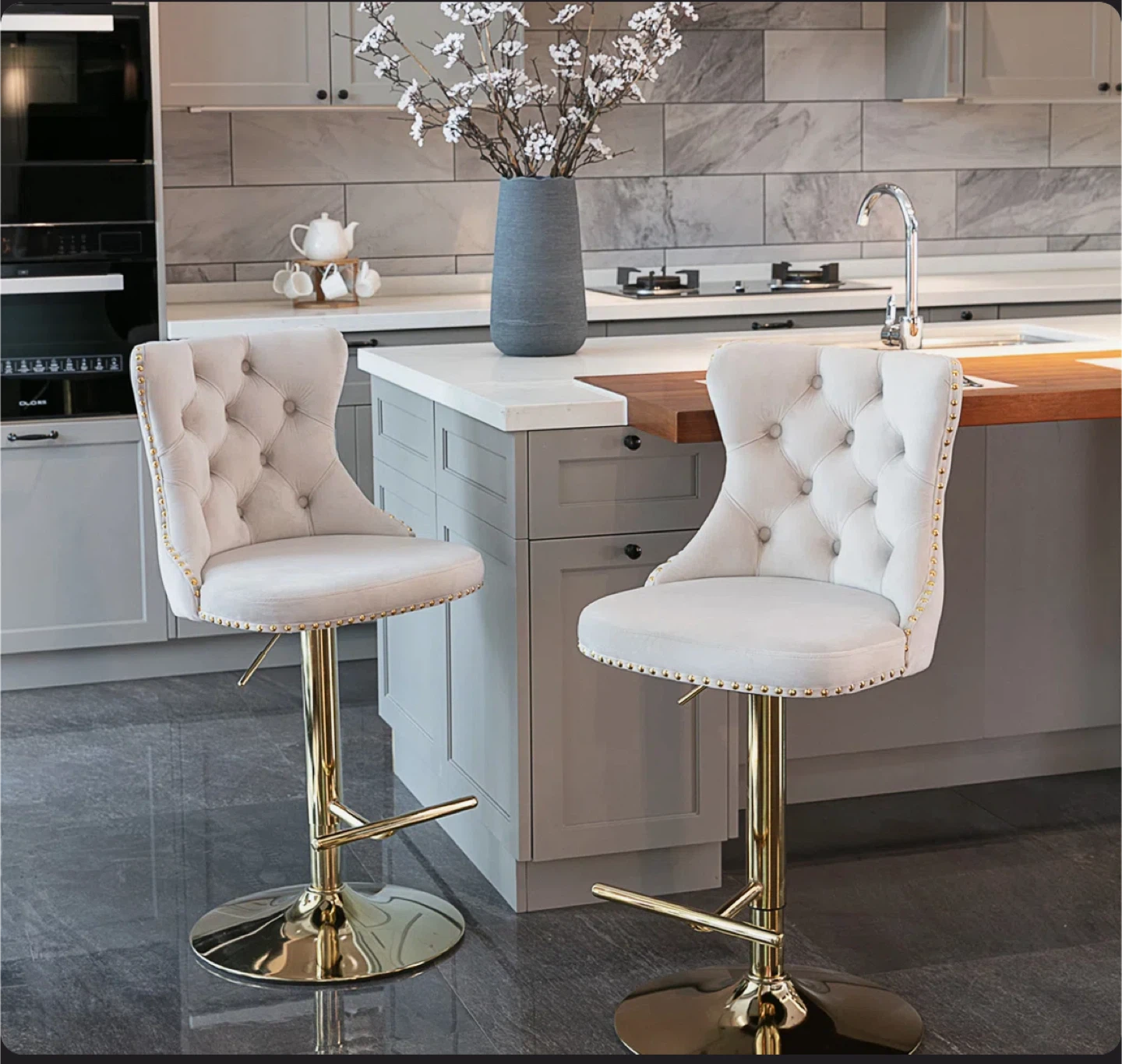 2 Beige Velvet Barstools, Adjustable height, Chrome base - photo 2