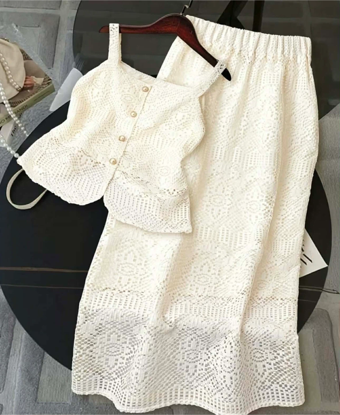 White Lace Crop Top and Skirt Set