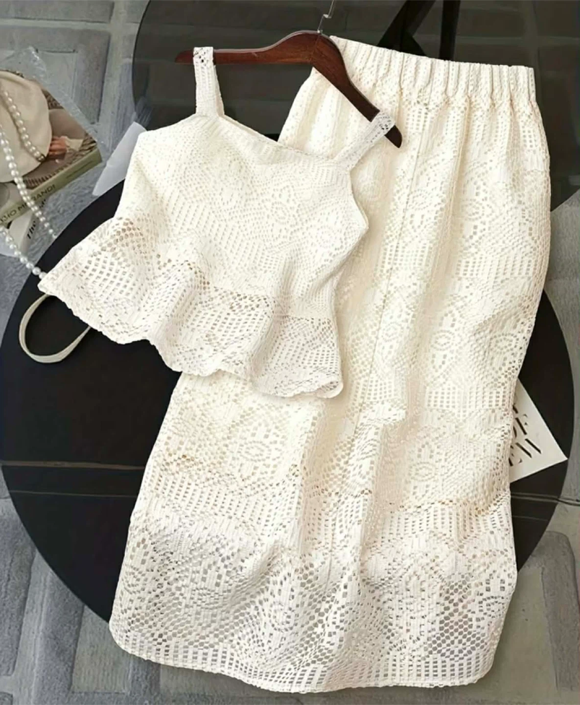 White Lace Crop Top and Skirt Set - photo 2
