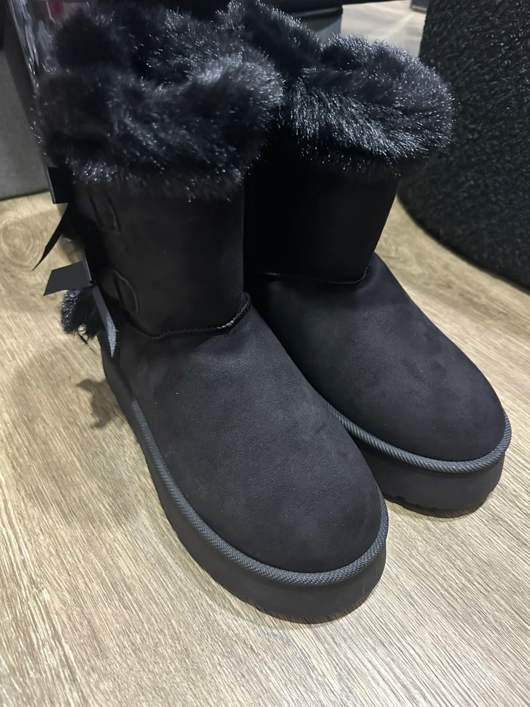 Black Faux Suede Boots with Fur Trim and Bows - photo 3
