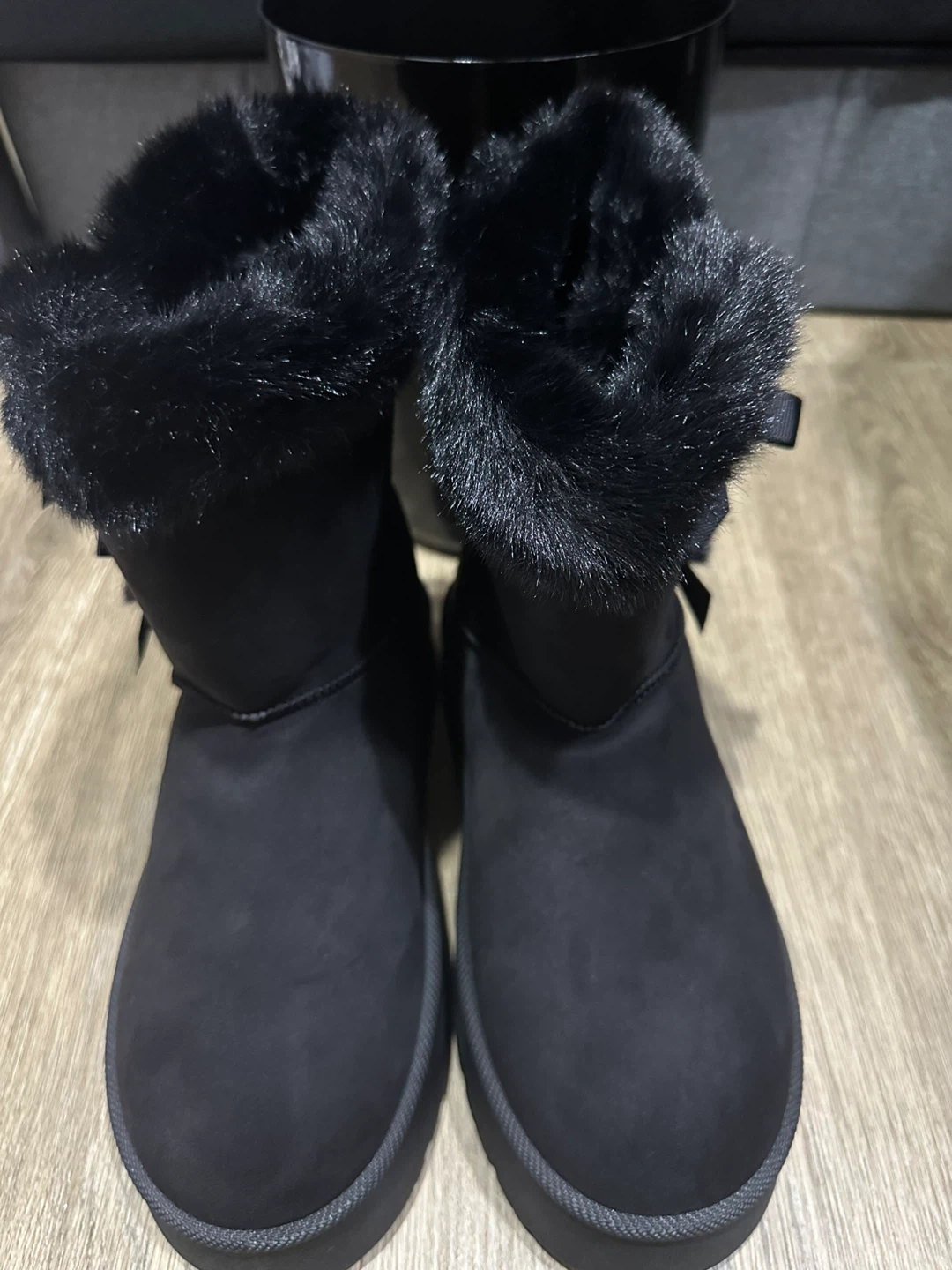 Black Faux Suede Boots with Fur Trim and Bows - photo 5