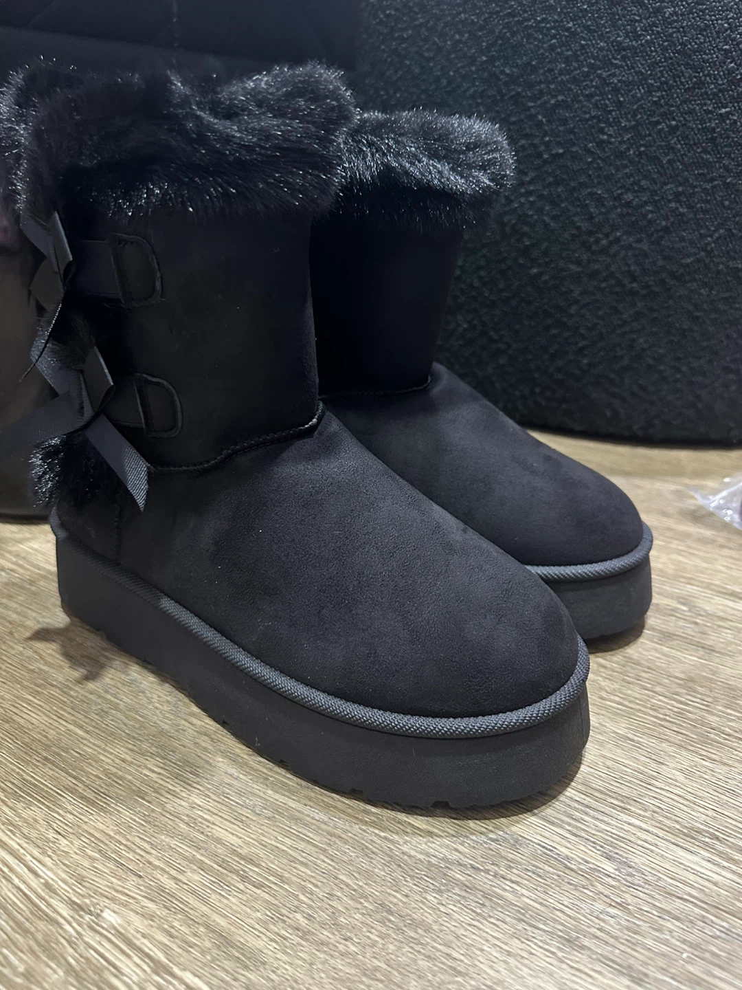 Black Faux Suede Boots with Fur Trim and Bows - photo 4