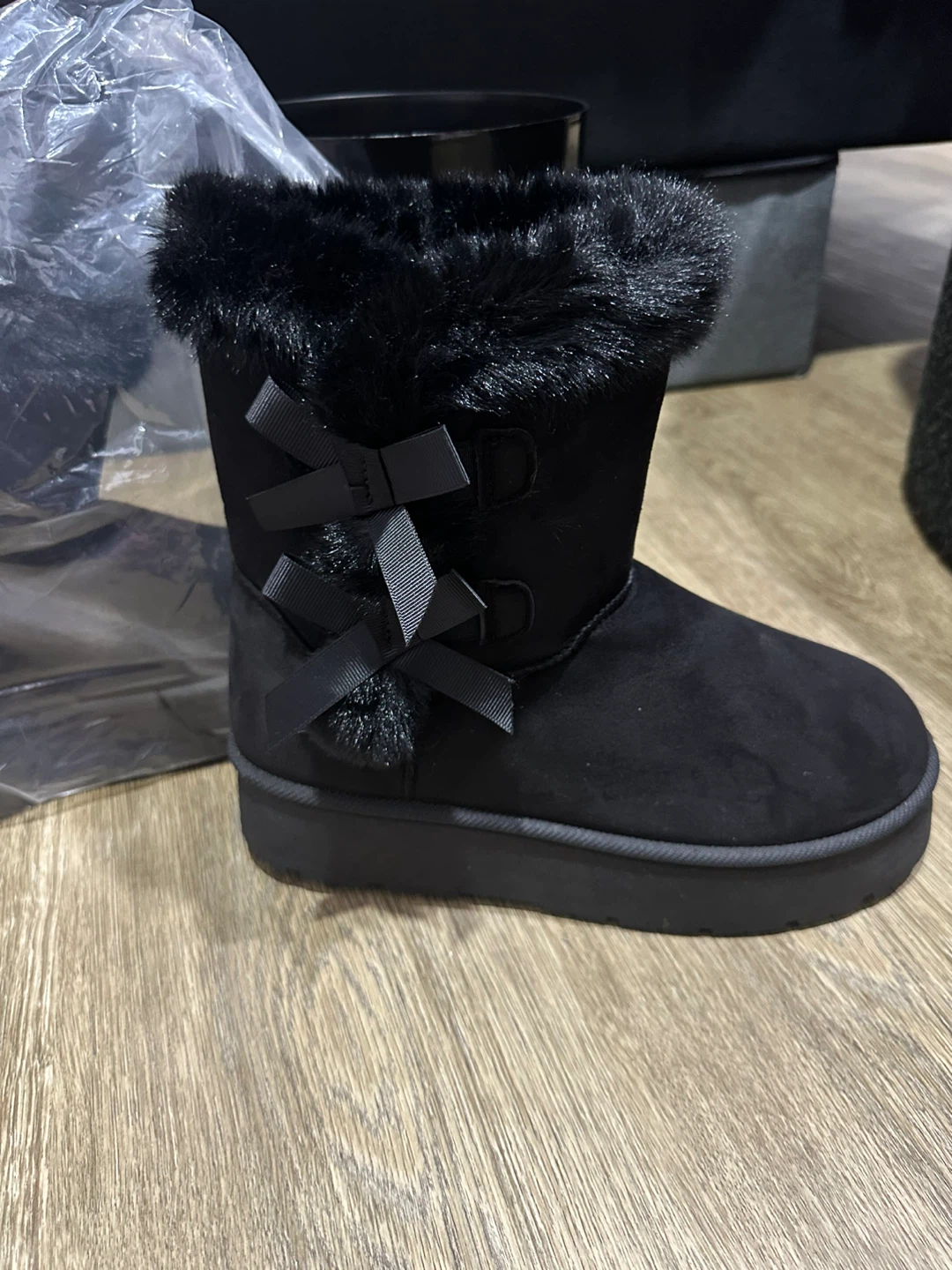 Black Faux Suede Boots with Fur Trim and Bows
