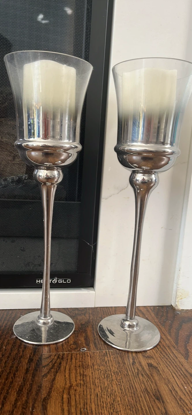 Set of 2 Silver Glass Candle Holders