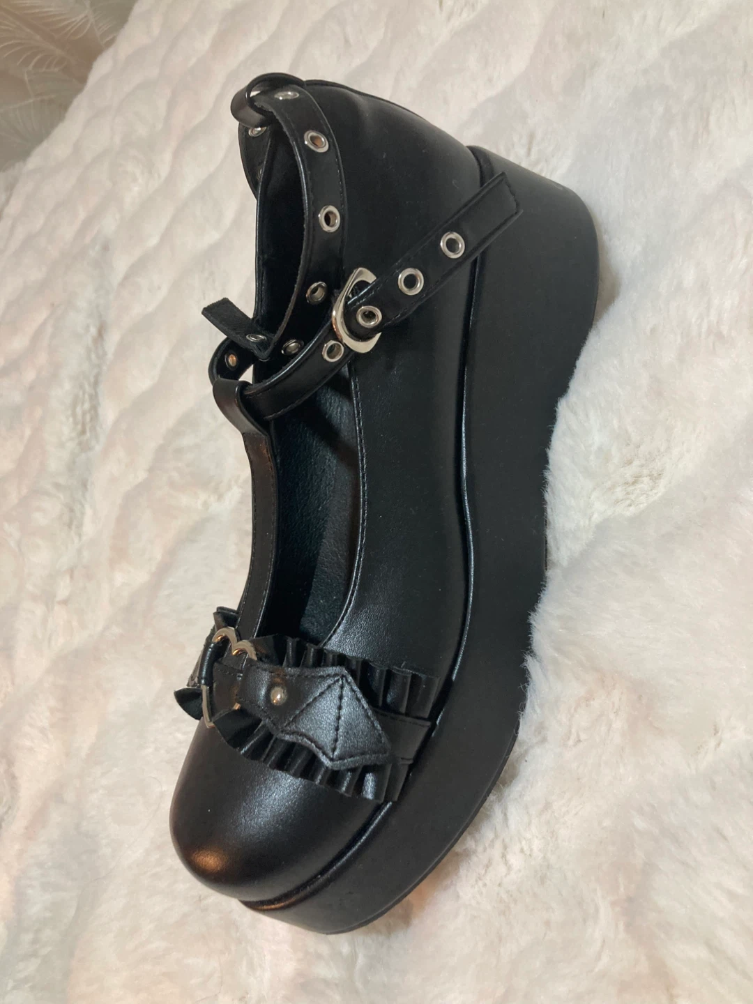 Black Platform Wedge Mary Janes with Heart Buckle - photo 4