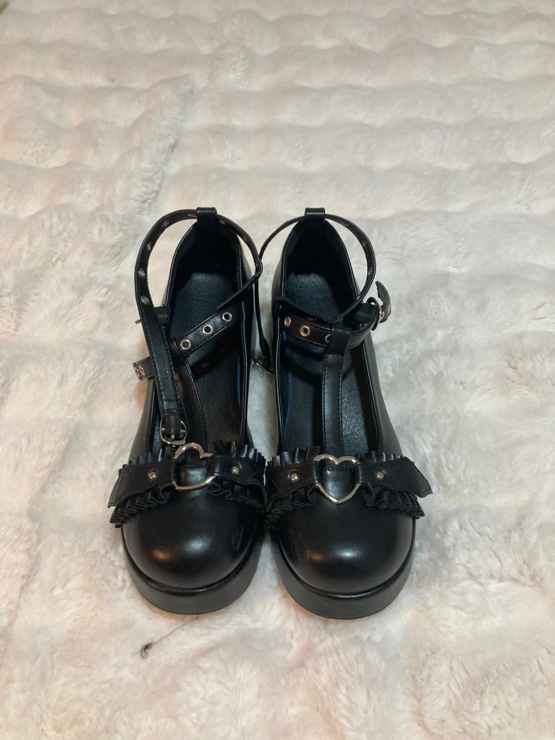 Black Platform Wedge Mary Janes with Heart Buckle